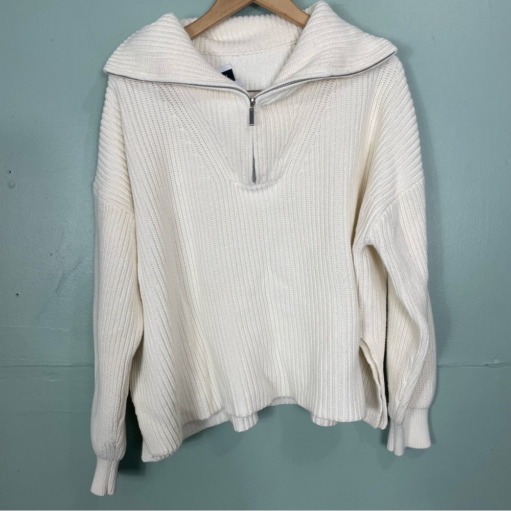 La Ligne Jacques Ribbed Cotton Sweater In Cream Women Sz XL Cotton Half Zip - Picture 2 of 12